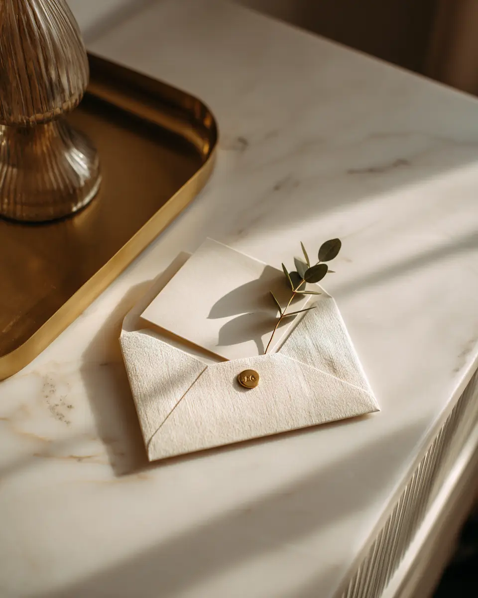 A Maid VIP gift card — a cream linen envelope and eucalyptus sprig on a marble console