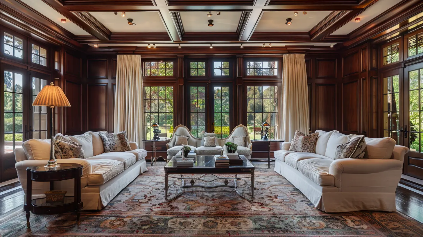 Pristine classic estate interior with manicured grounds beyond in Holmby Hills.