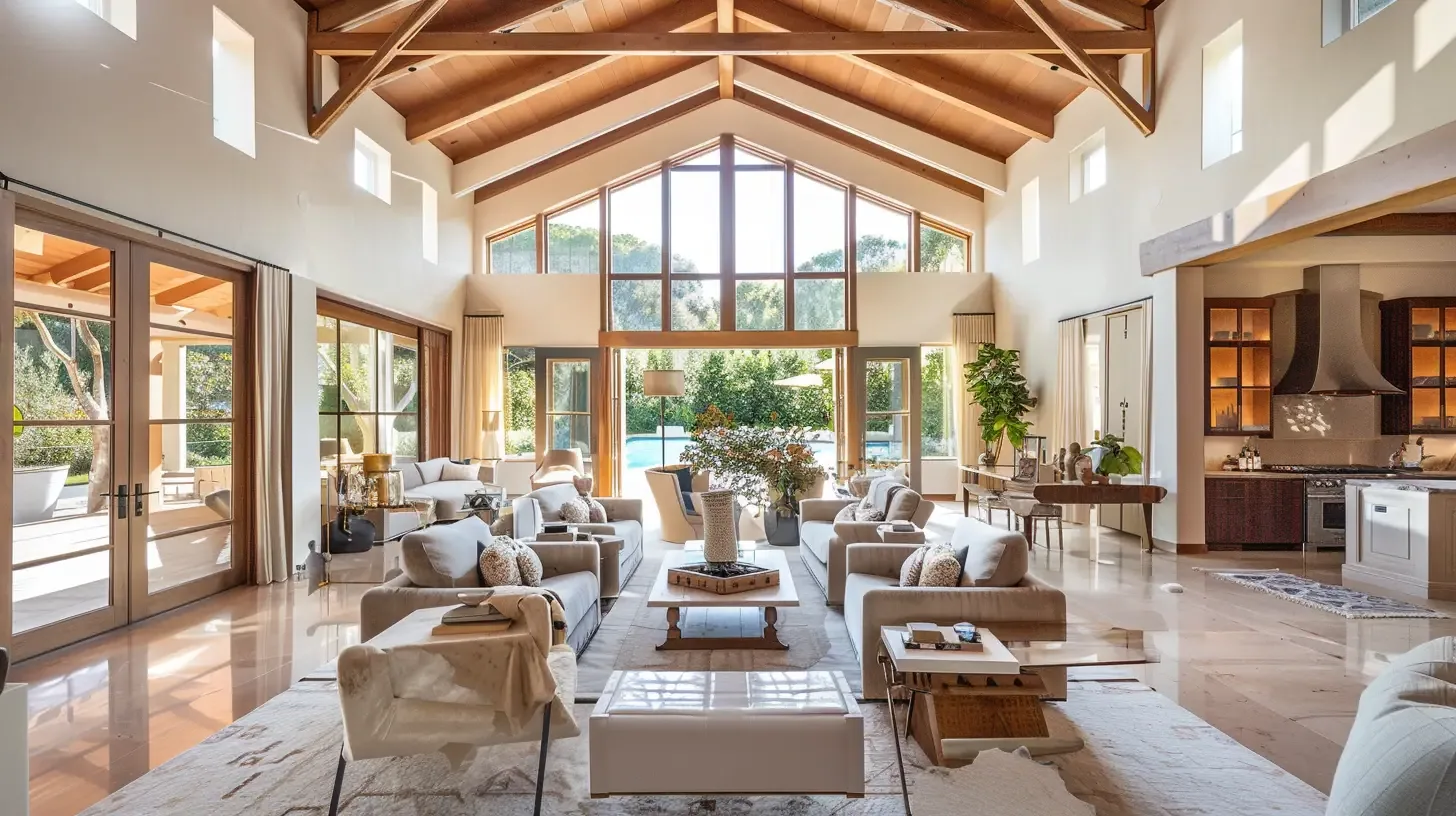 Great room with vaulted ceilings opening onto a pool