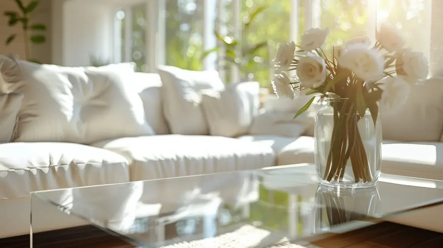Bright living room with a white sofa and fresh flowers, kept between housekeeping visits