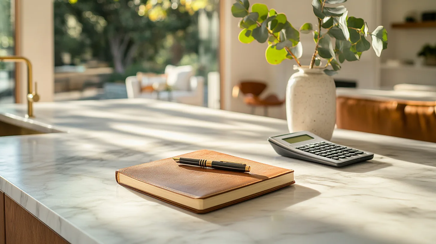 A leather notebook, pen, and calculator on a sunlit marble kitchen island — planning a cleaning estimate