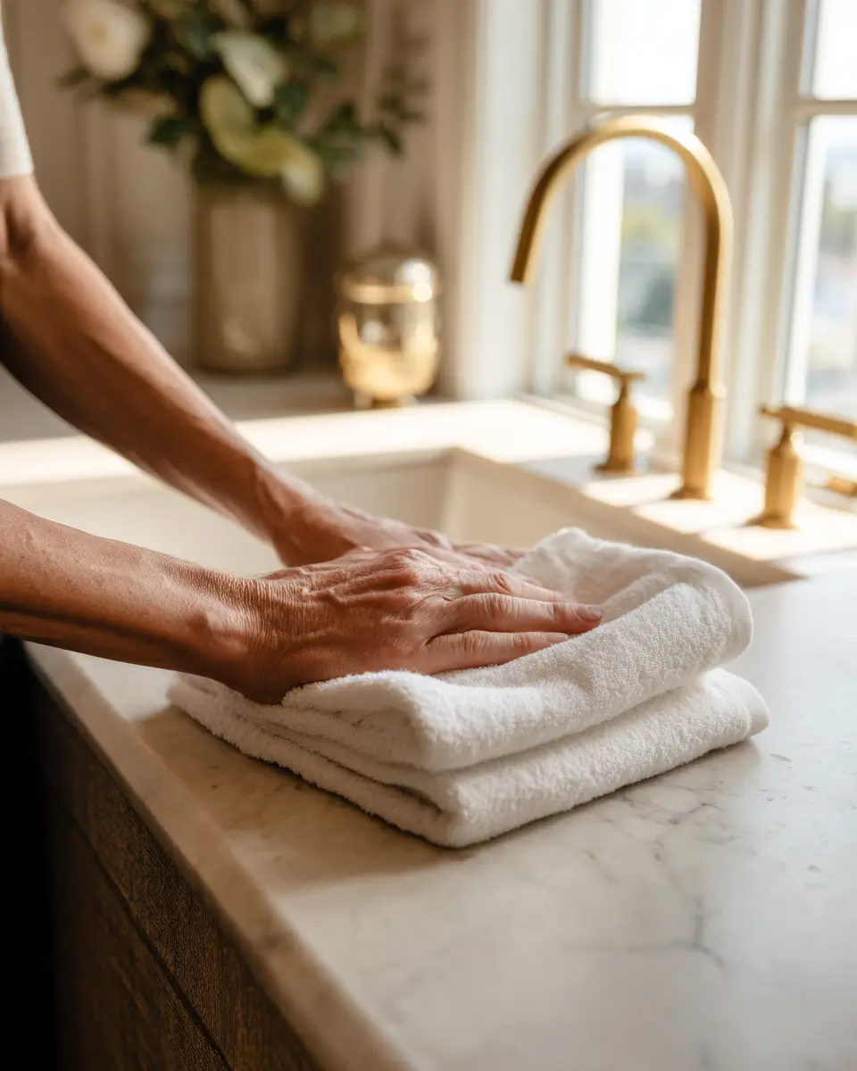 An independent cleaning professional folding fresh linens in a sunlit, upscale home