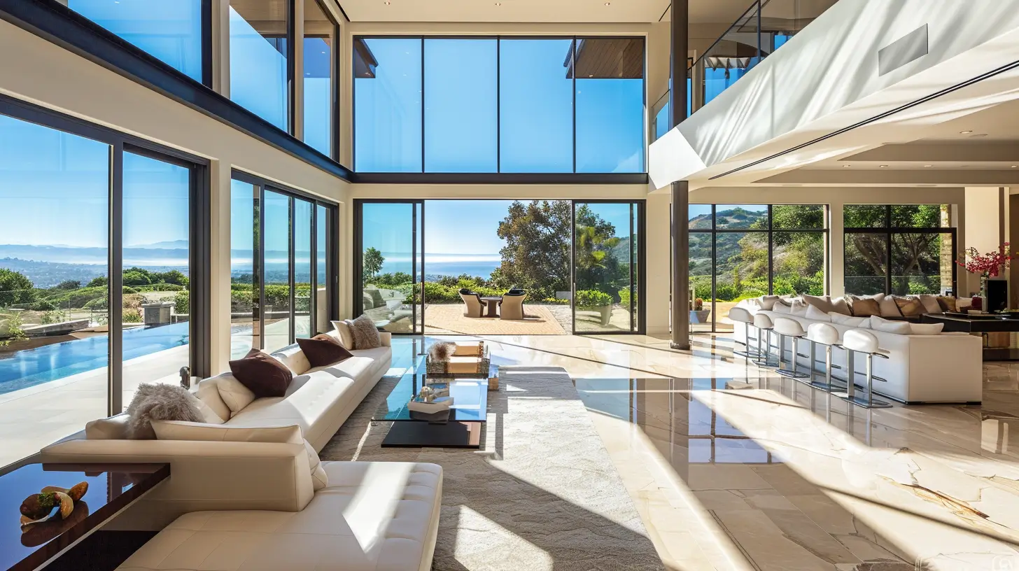 Immaculate sun-drenched great room in a luxury Los Angeles estate overlooking the coastline.