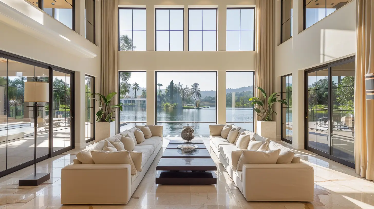 A perfectly clean luxury lakeside estate living room in Westlake Village, CA.