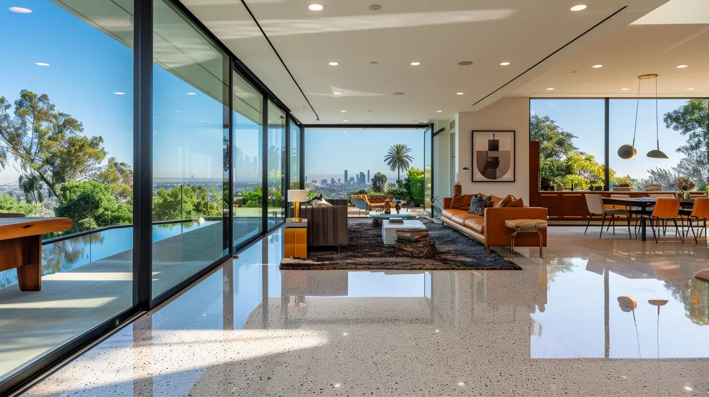 Spotless mid-century modern living room with sweeping city views in Trousdale Estates, Beverly Hills.