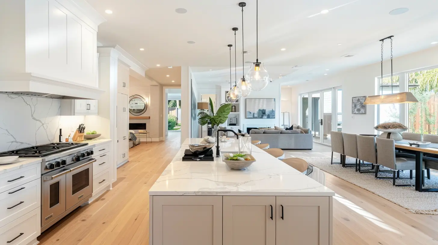 Pristine, organized open-concept kitchen in a Newbury Park suburban family home.
