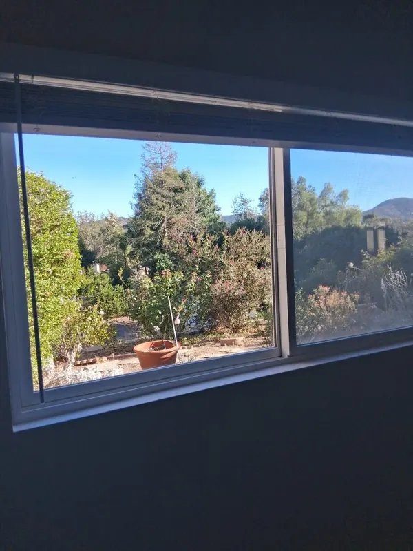 Window looking out on a garden and the hills after a move-in cleaning in Thousand Oaks