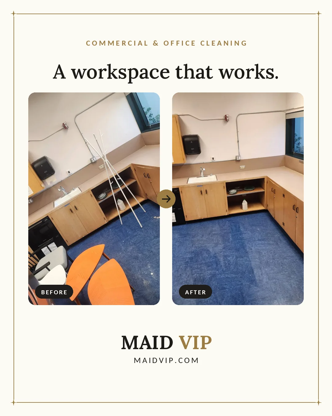 Before and after of an office break room in Moorpark, reset by a Maid VIP–referred professional during a deep-clean visit.